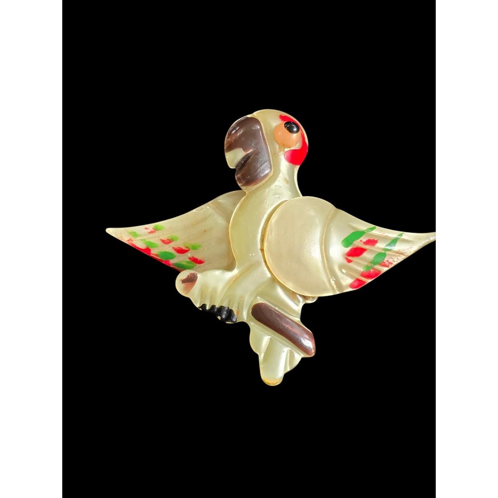 Rare Vintage Celluloid Parrot on Perch Brooch Bird Retro Jewelry